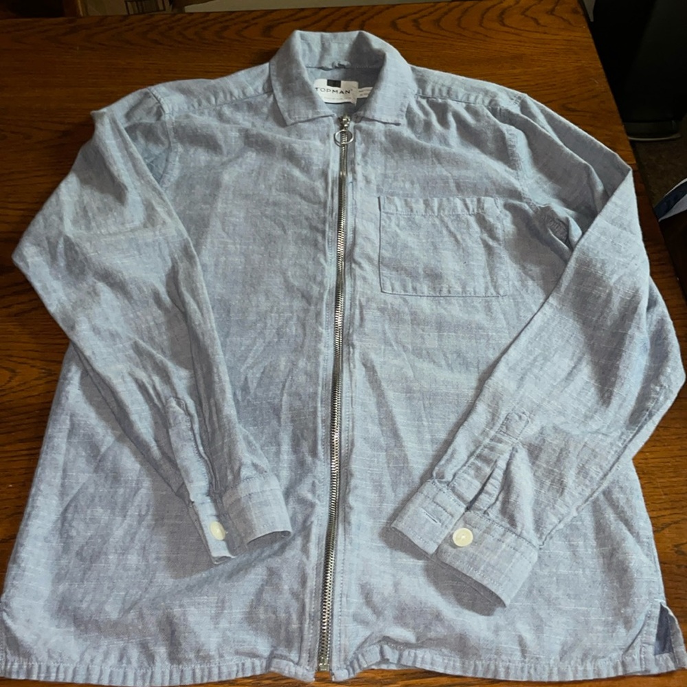 TOPMAN- men’s light blue, lightweight, zip up shirt-jacket.